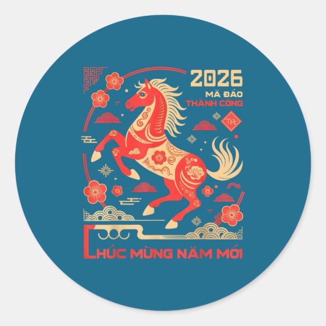 Adesivo Redondo Tet 2026 Year Of The Horse Vietnamese Lunar New Ye (Frente)