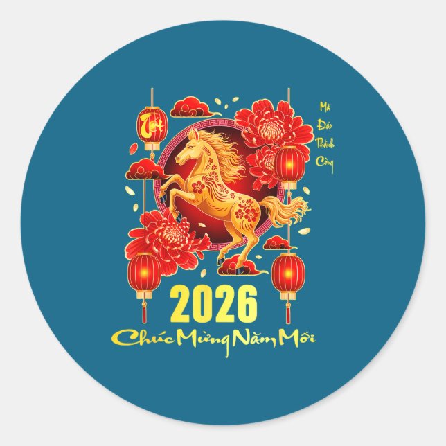 Adesivo Redondo Tet 2026 Year Of The Horse Vietnamese Lunar New Ye (Frente)