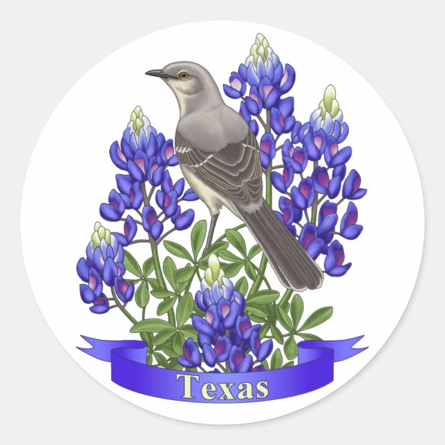 Adesivo Redondo Texas State Mockingbird & Bluebonnet Flower (Frente)