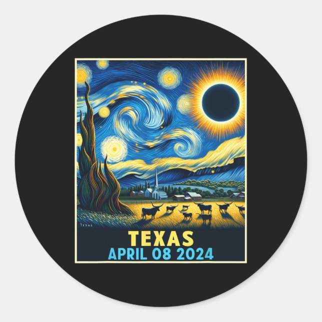 Adesivo Redondo Texas Total Solar Eclipse 2024 Starry Night (Frente)
