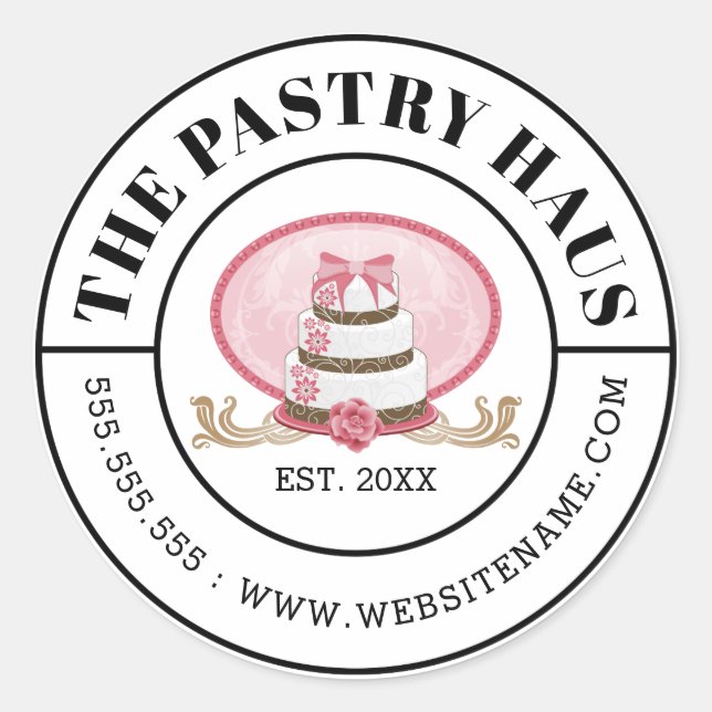 Adesivo Redondo Texto Curvo de Bolo Rosa Elegante (Frente)