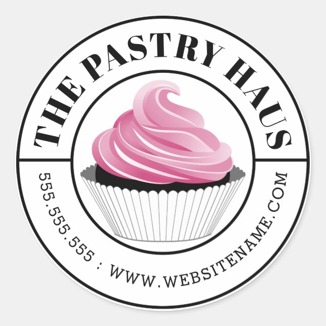 Adesivo Redondo Texto Curvo do Cupcake Rosa Elegante (Frente)