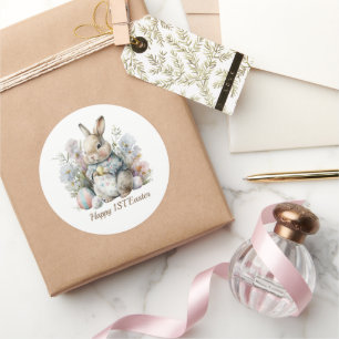 Adesivo Redondo Texto de adição de primeira Páscoa feliz