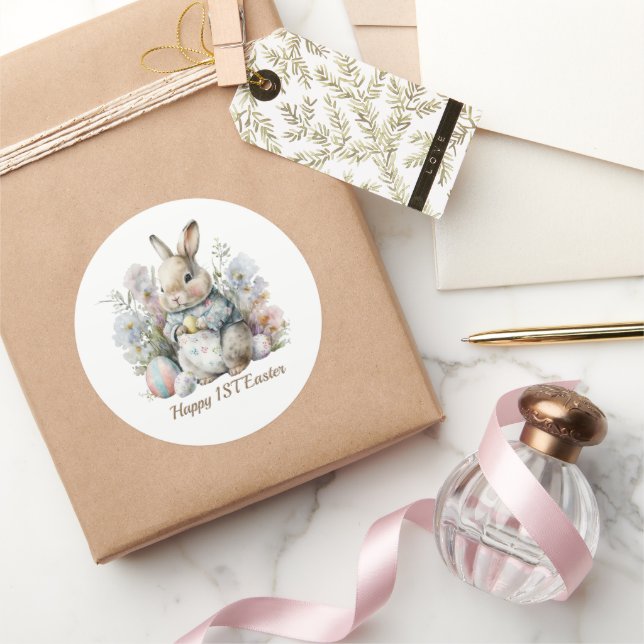 Adesivo Redondo Texto de adição de primeira Páscoa feliz (Presentear)