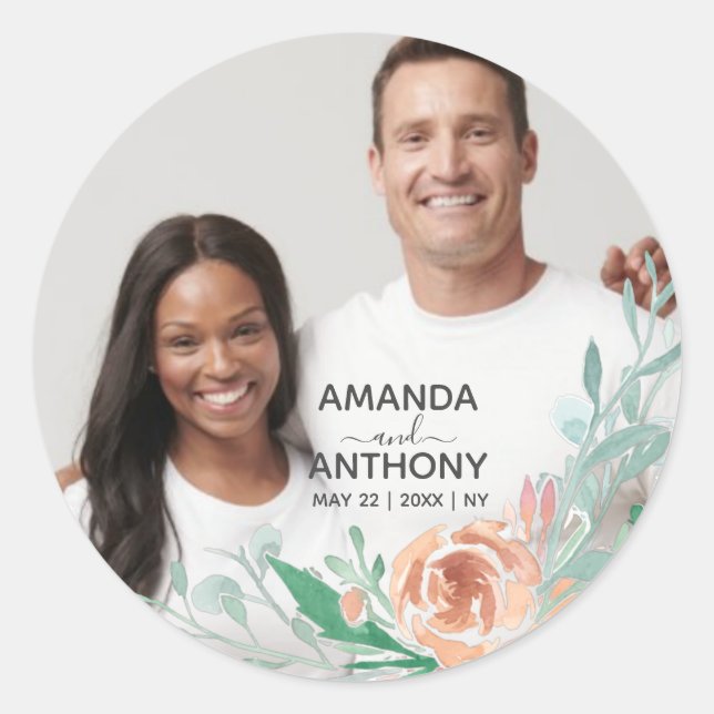 Adesivo Redondo Texto de flores e foto personalizada (Frente)