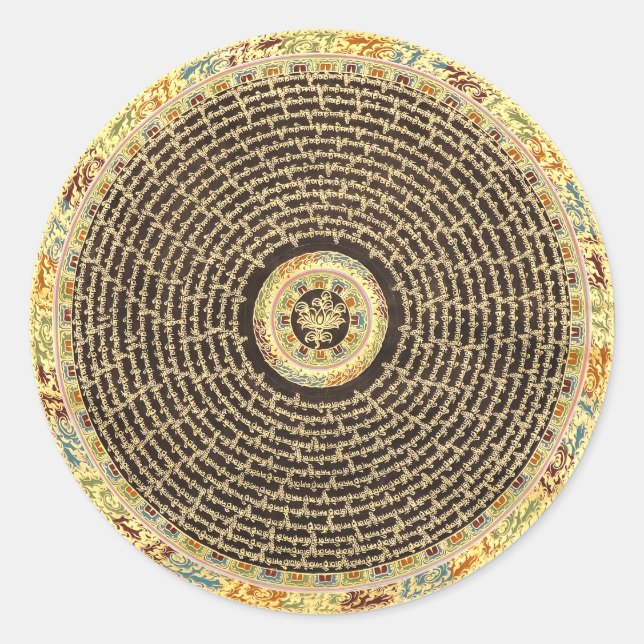 Adesivo Redondo Texto de Mandala Tibetano (preto e Dourado) (Frente)