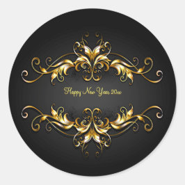 Adesivo Redondo Texto do Feliz ano novo de rolagem de quadro Doura