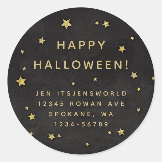 Adesivo Redondo Texto/Endereço Personalizado de Preto + Estrelas D (Frente)