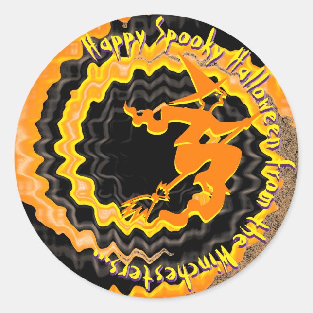 Adesivo Redondo Texto mágico da bruxa voadora negra do Halloween (Frente)