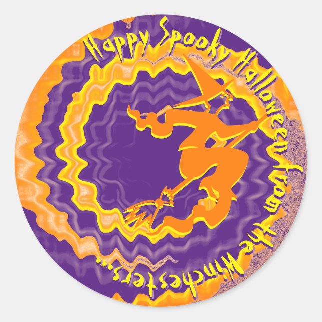 Adesivo Redondo Texto mágico da bruxa voadora roxa do Halloween (Frente)