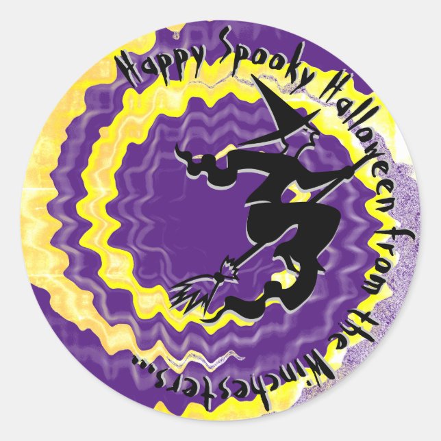Adesivo Redondo Texto mágico de bruxas voadoras amarelas do Hallow (Frente)