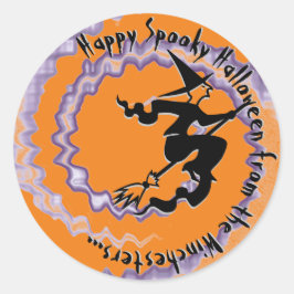 Adesivo Redondo Texto orange de feitiço mágico voador de bruxas