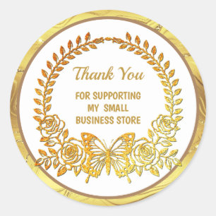 Adesivo Redondo Texto Personalizado, Borboleta Dourada e Flor