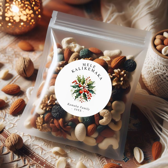 Adesivo Redondo Texto Personalizado de Feriado Mele Kalikemaka (Criador carregado)