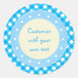 Adesivo Redondo Texto Personalizado do Rico Gingham Azul Claro