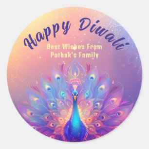 Adesivo Redondo Texto personalizado, Esplendor do Pavão de Diwali