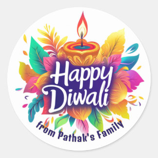 Adesivo Redondo Texto personalizado, Feliz Diwali Diya e Folhas