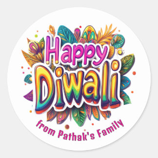 Adesivo Redondo Texto personalizado, Feliz Diwali Folha Estoura