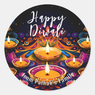 Adesivo Redondo Texto personalizado, Feliz Diwali Multi-Diyas
