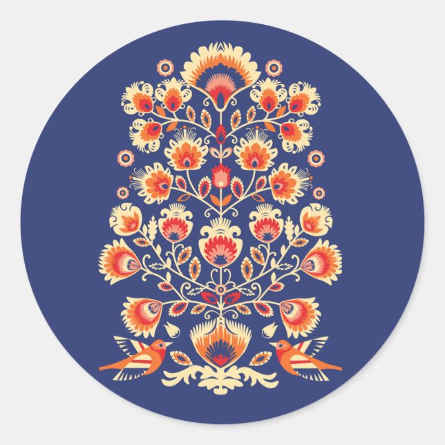 Adesivo Redondo 💙 💛 🧡 Texto personalizado Folclore com flores a (Frente)