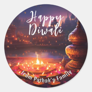 Adesivo Redondo Texto personalizado, Luzes de Templo Feliz Diwali