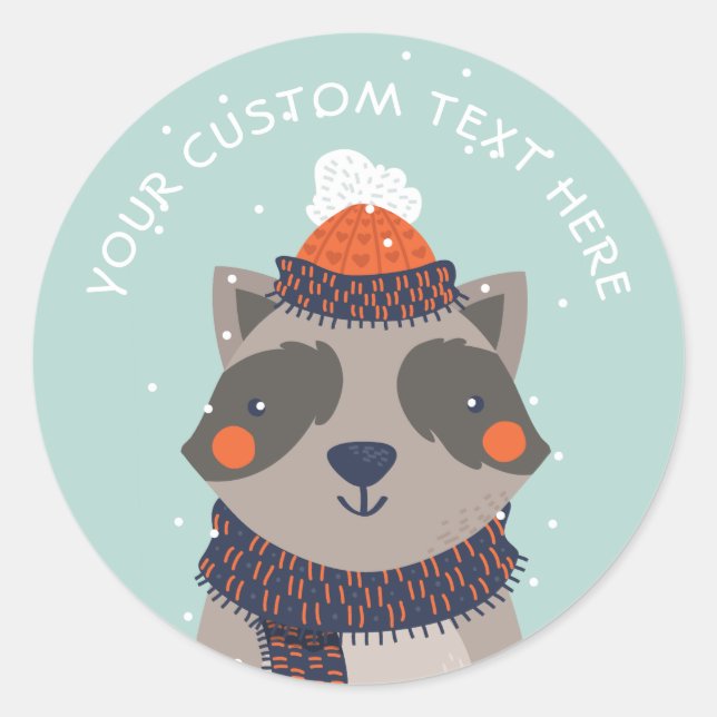 Adesivo Redondo Texto personalizado vinhetas do Winter Raccoon (Frente)