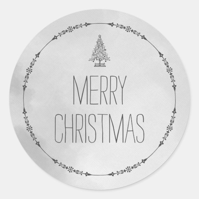 Adesivo Redondo Textura de Aquarela Elegante Cinza Feliz Natal (Frente)