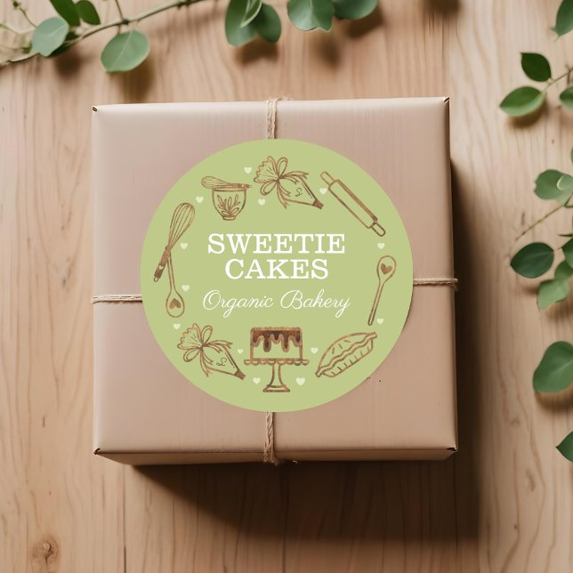 Adesivo Redondo Textura de madeira de solo e Cozinhar (Baking & Cooking Utensil Woodgrain Texture & Green Classic Round Sticker)