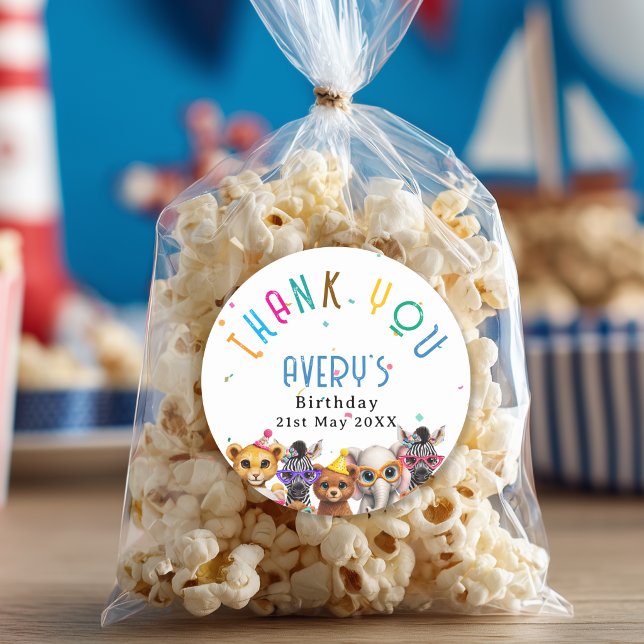 Adesivo Redondo Thank you! Animals Kids Birthday (Thank you! Animals Kids Birthday Classic Round Sticker with your Name and Date)