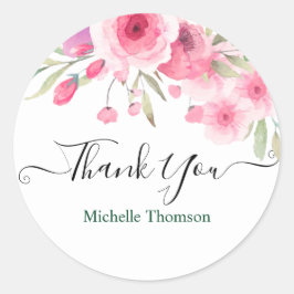 Adesivo Redondo Thank you editable pink floral illustration