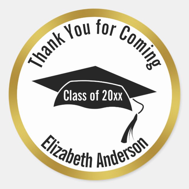 Adesivo Redondo Thank You for Coming Gold White Name Graduation (Frente)