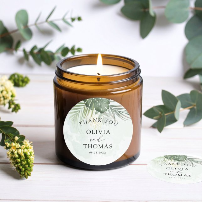 Adesivo Redondo Thank You Green Tropical Wedding Favor (Criador carregado)