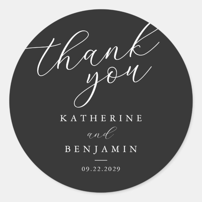 Adesivo Redondo Thank You Matte Black Minimalist Wedding (Frente)