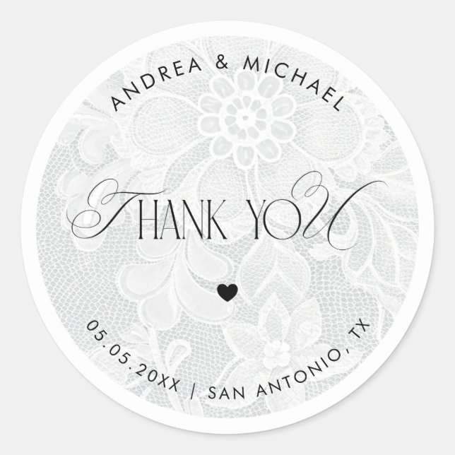 Adesivo Redondo Thank You White Lace Wedding Favor Label (Frente)
