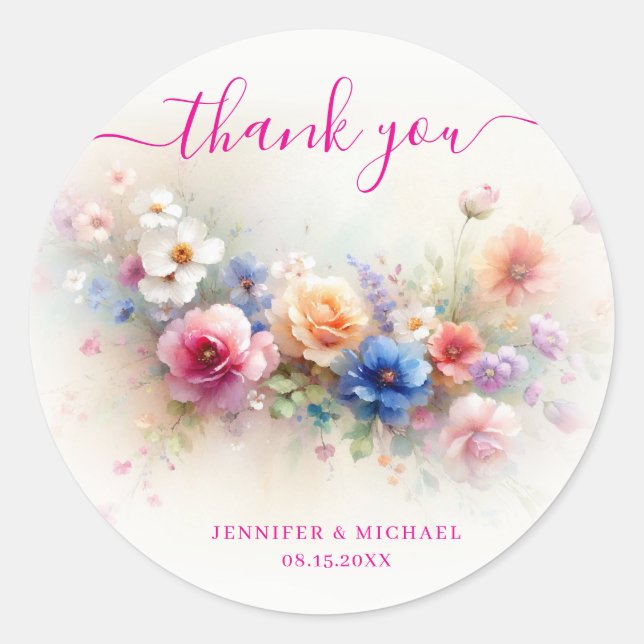 Adesivo Redondo Thank You Your Custom Text Aquarell Flowers Trendy (Frente)