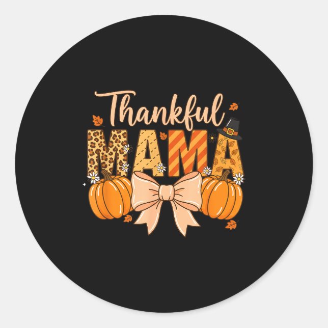 Adesivo Redondo Thankful Mama Pumpkin Fall Coquette Bow Thanksgivi (Frente)