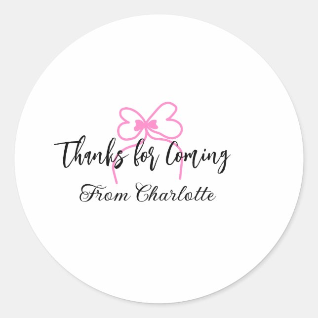 Adesivo Redondo thanks for coming add name text message pink bow f (Frente)