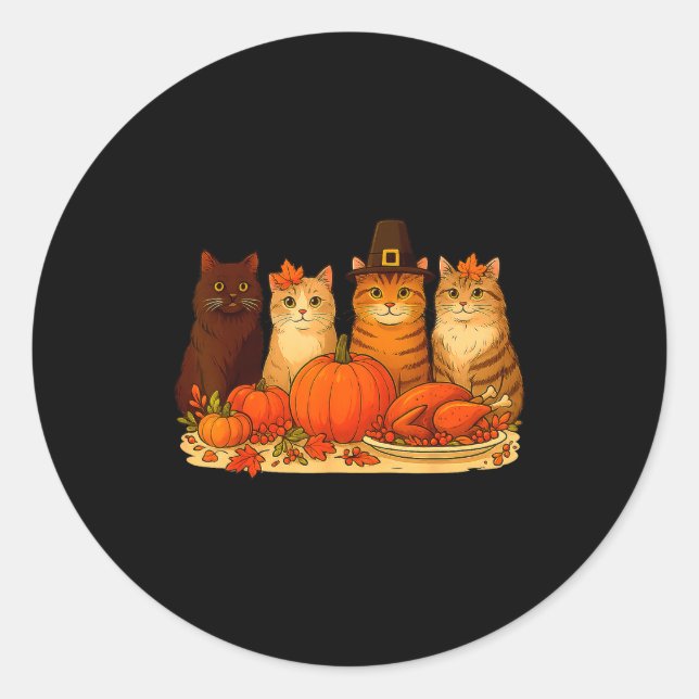 Adesivo Redondo Thanksgiving Cats Dinner Pumpkin Autumn Men Women  (Frente)