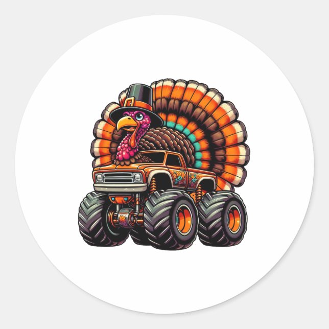 Adesivo Redondo Thanksgiving Turkey Riding Monster Truck Boys Kids (Frente)