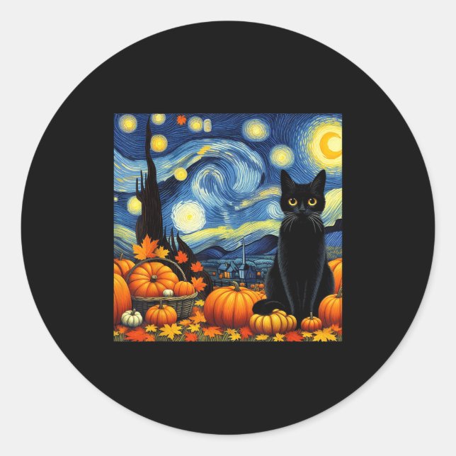 Adesivo Redondo Thanksgiving Van Gogh Starry Night Black Cat Pumpk (Frente)