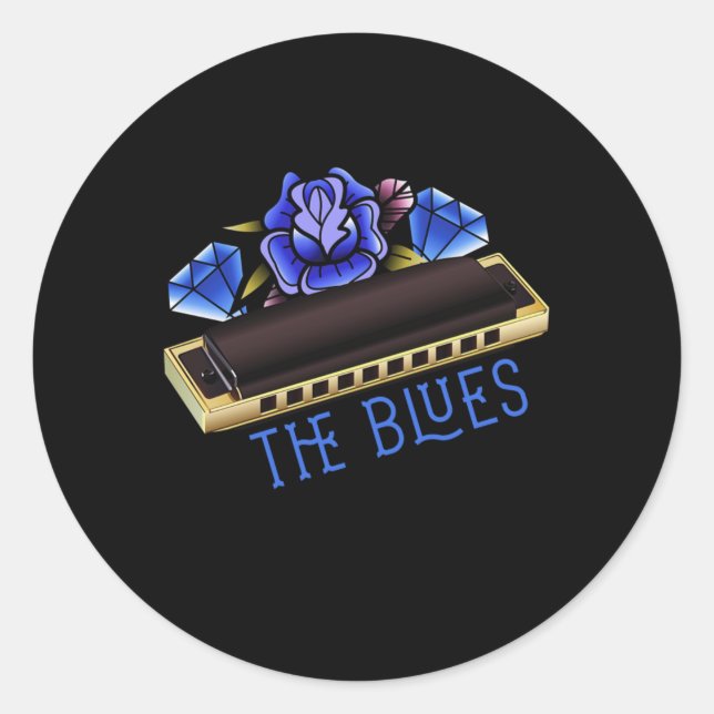 Adesivo Redondo The Blues Harmonica Music Sound Acoustic Jazz Gift (Frente)