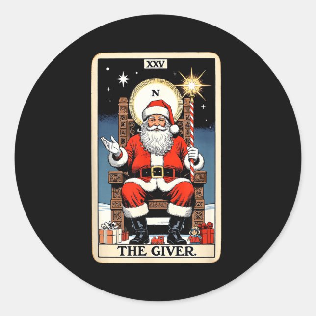 Adesivo Redondo The Giver Santa Tarot Card Style Christmas Graphic (Frente)