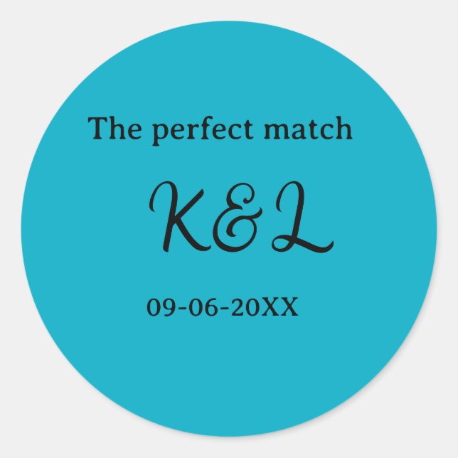 Adesivo Redondo The perfect match couple name letter date blue sim (Frente)