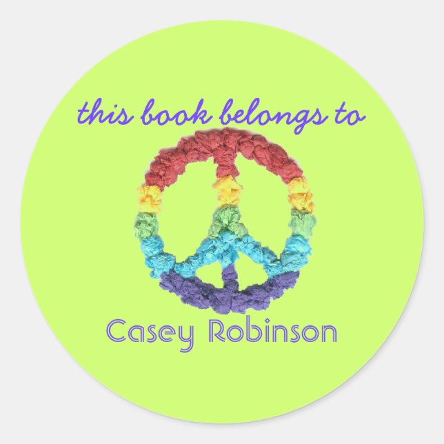 Adesivo Redondo "This book belongs to" peace sign bookplate (Frente)