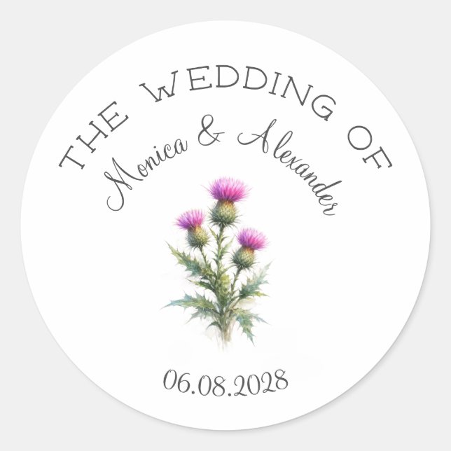 Adesivo Redondo Thistle Floral Scottish Watercolor Wedding Party (Frente)