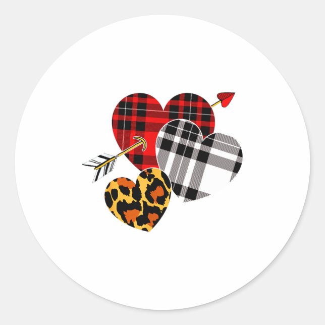 Adesivo Redondo Three Hearts Leopard Buffalo Plaid Valentines Day  (Frente)