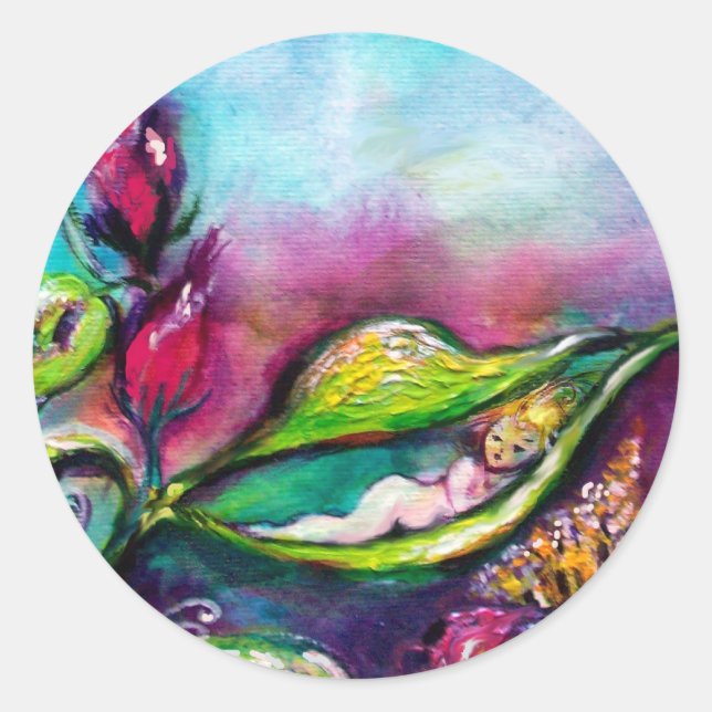 ADESIVO REDONDO THUMBELINA DORMINDO ENTRE FOLHAS DE ROSA (Frente)