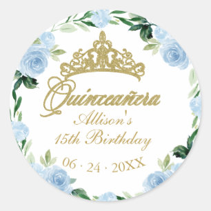Adesivo Redondo Tiara de Deus Quinceanera Bebê Azul Floral