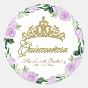 Adesivo Redondo Tiara de Deus Quinceanera Roxo Lilás Floral