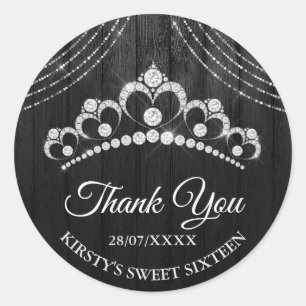 Adesivo Redondo Tiara de Diamante Preto Prata Sweet 16